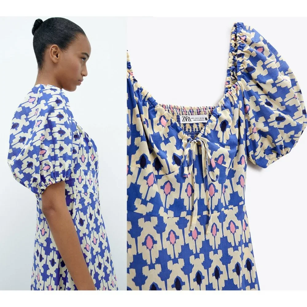 Zara Blue, White and Pink Floral Puff-Sleeve Midi Dress - Picture 2 of 3